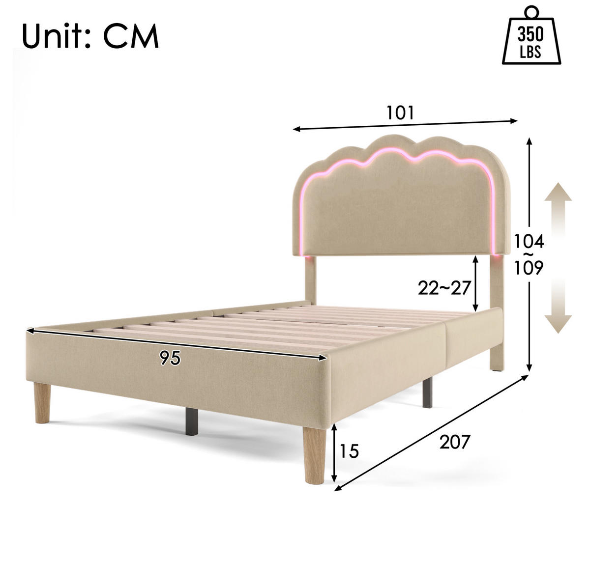 POLSTERBETT 90/200 cm Beige aus Leinen mit LED-Kopfteil - Beige, Textil (90/200cm) - OKMYHOME