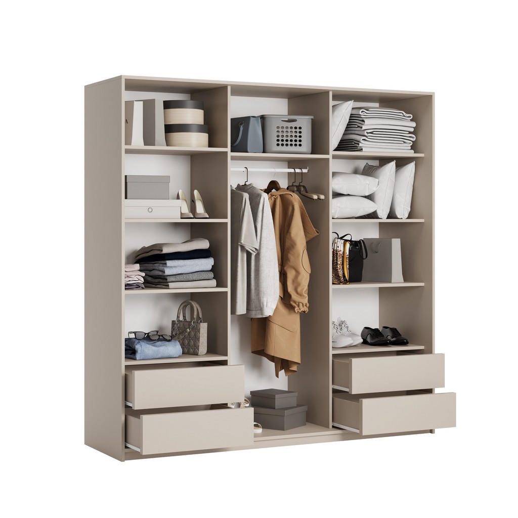 Thumbnail - Masseno Schwebetürenschrank, Kaschmir, Holzwerkstoff, 9 Fächer, 4 Schubladen, Rechteckig, 200x205x60 cm, Schlafzimmer, K...