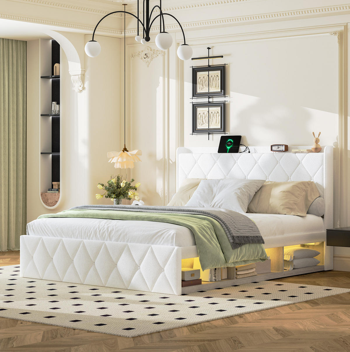 POLSTERBETT 160/200 cm aus Teddy-Stoff mit USB-Ladefunktion und LED-Beleuchtung Weiß - Weiß, Fell (160/200cm) - Modenvie