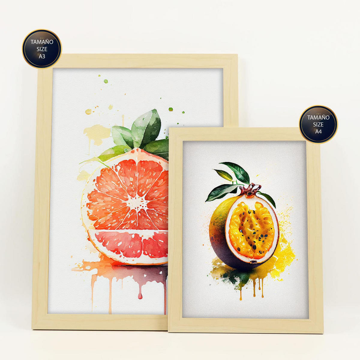 POSTER Set Mit 6 Saftige Früchte Plakate Von Obst Gemüse & Gesunden Lebensmitteln Im Aquarell Kunst Auf Reinweißen A3 & A4 Rahmen Aus Hellem Holz - Beige, Papier (29/3cm) - Nacnic
