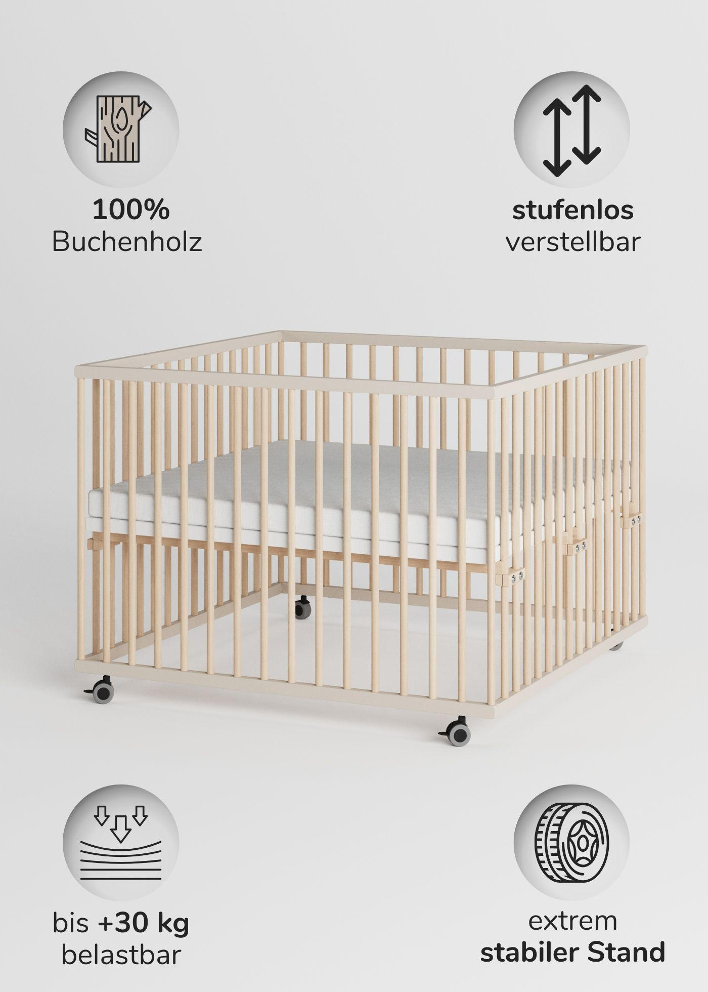 LAUFGITTER 100x100 cm mit Matratze - sahara dust/natur - Premium Kollektion - Sandfarben/Naturfarben, Holz (100/74/100cm) - Sämann – make a difference.