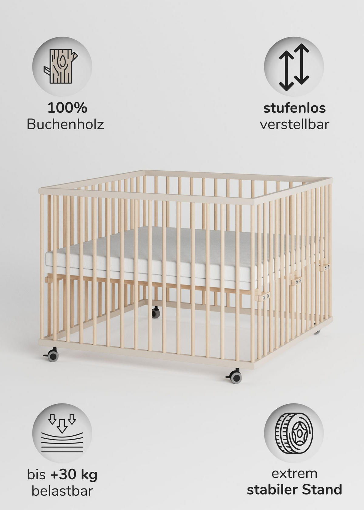 LAUFGITTER 100x100 cm mit Matratze & Schlupfsprossen - sahara dust/natur - Premium Kollektion - Sandfarben/Naturfarben, Holz (100/74/100cm) - Sämann – make a difference.