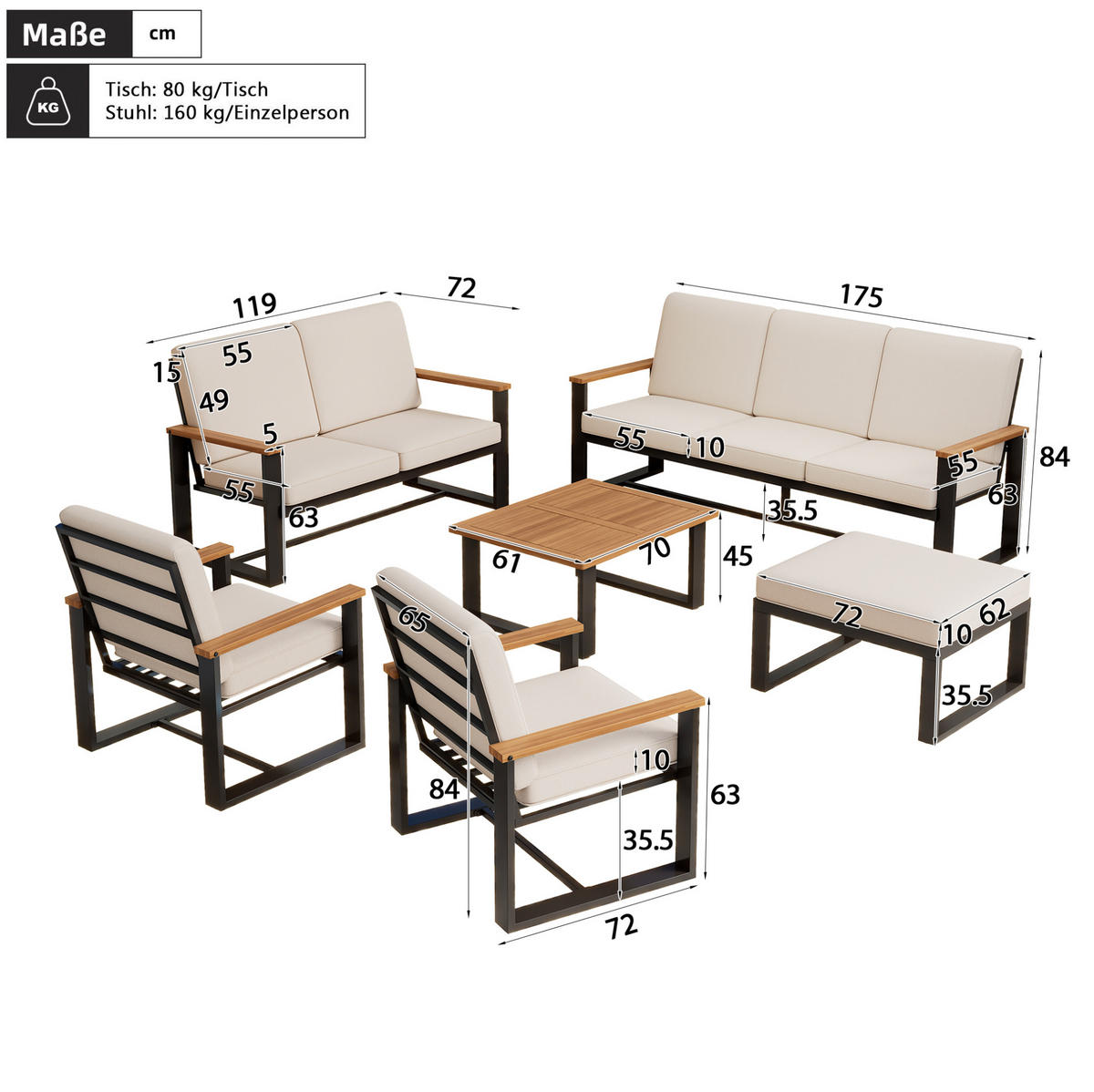 GARTENSET aus Akazie und verzinktem Stahl Beige mit 3-Sitzer, 2-Sitzer, 2 Sesseln, Couchtisch und Hocker - Beige, Metall - Modfu