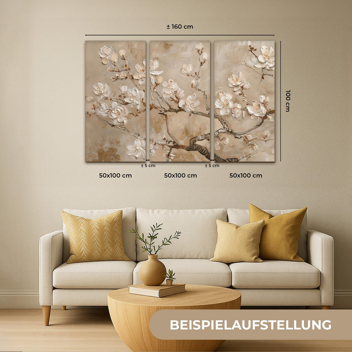 LEINWANDBILD 3er Set Beige - Blüte - Modern 150x100 cm - Greige, Textil (150/100cm) - MuchoWow