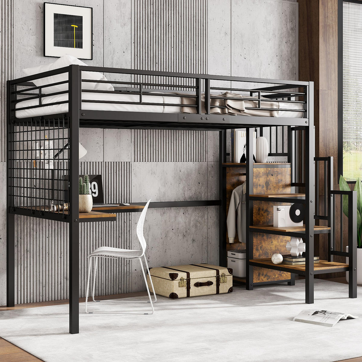 HOCHBETT 90/200 cm Schwarz und dunkle Holzfarbe aus Metall und Holzwerkstoff mit Kleiderschrank und Tisch - Schwarz, Holzwerkstoff (90/200cm) - OKMYHOME