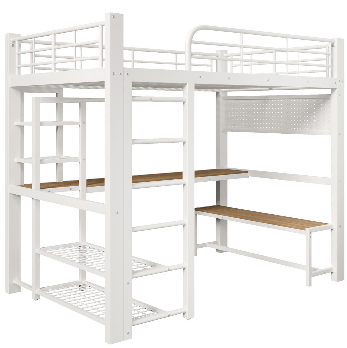HOCHBETT 140/200 cm Weiß mit LED, Schreibtisch und Stauraum ohne Matratze - Weiß, Metall (140/200cm) - MIVRAY