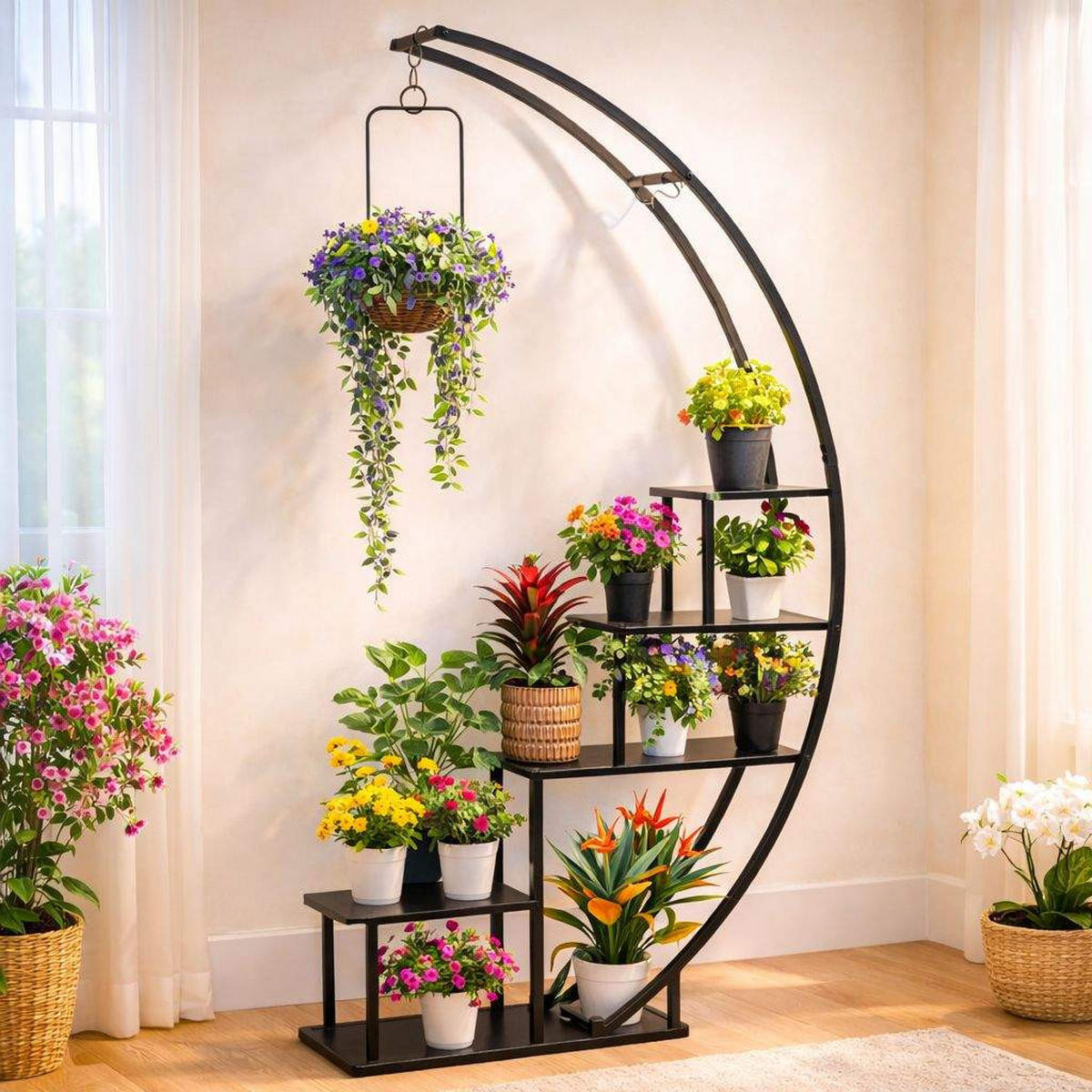 DANDIBO Blumenregal indoor 170 cm Hoch Metall Schwarz Halbrund 96585 Blumentreppe Groß Rund Pflanzenständer Modern Design - Schwarz, Metall (95/170/30cm) - DanDiBo