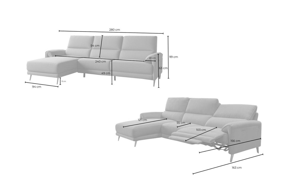 ECKSOFA ADRIANA Hellgrau Flachgewebe Relaxfunktion - Hellgrau/Schwarz, Textil/Metall (280/163cm) - KAWOLA