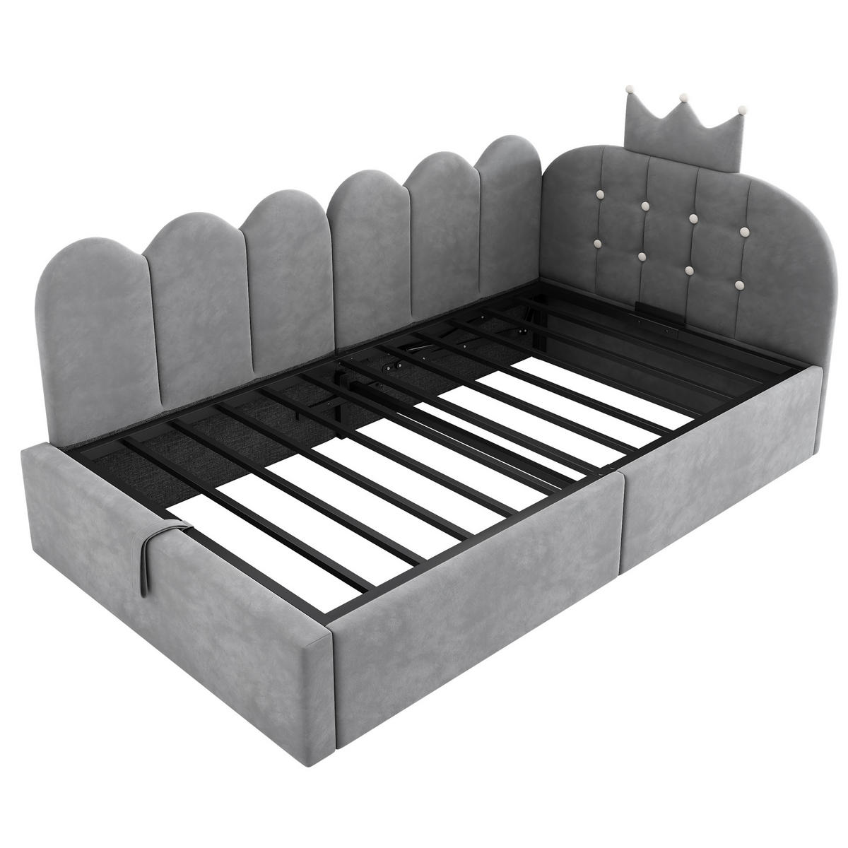 POLSTERBETT 90/200 cm aus Samt mit hydraulischem Stauraum und Kronen-Gitter-Design, Grau - Grau, Holz (90/200cm) - Redom