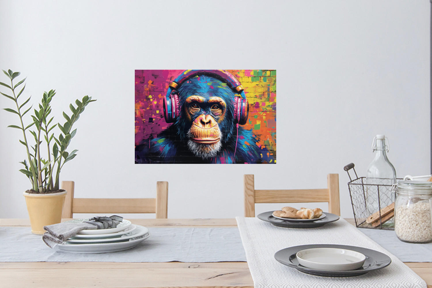 WANDTATTOO Graffiti - Schimpanse - Straßenkunst - Kopfhörer - Affe 60x40 cm - Blau, Kunststoff (60/40/0.1cm) - MuchoWow