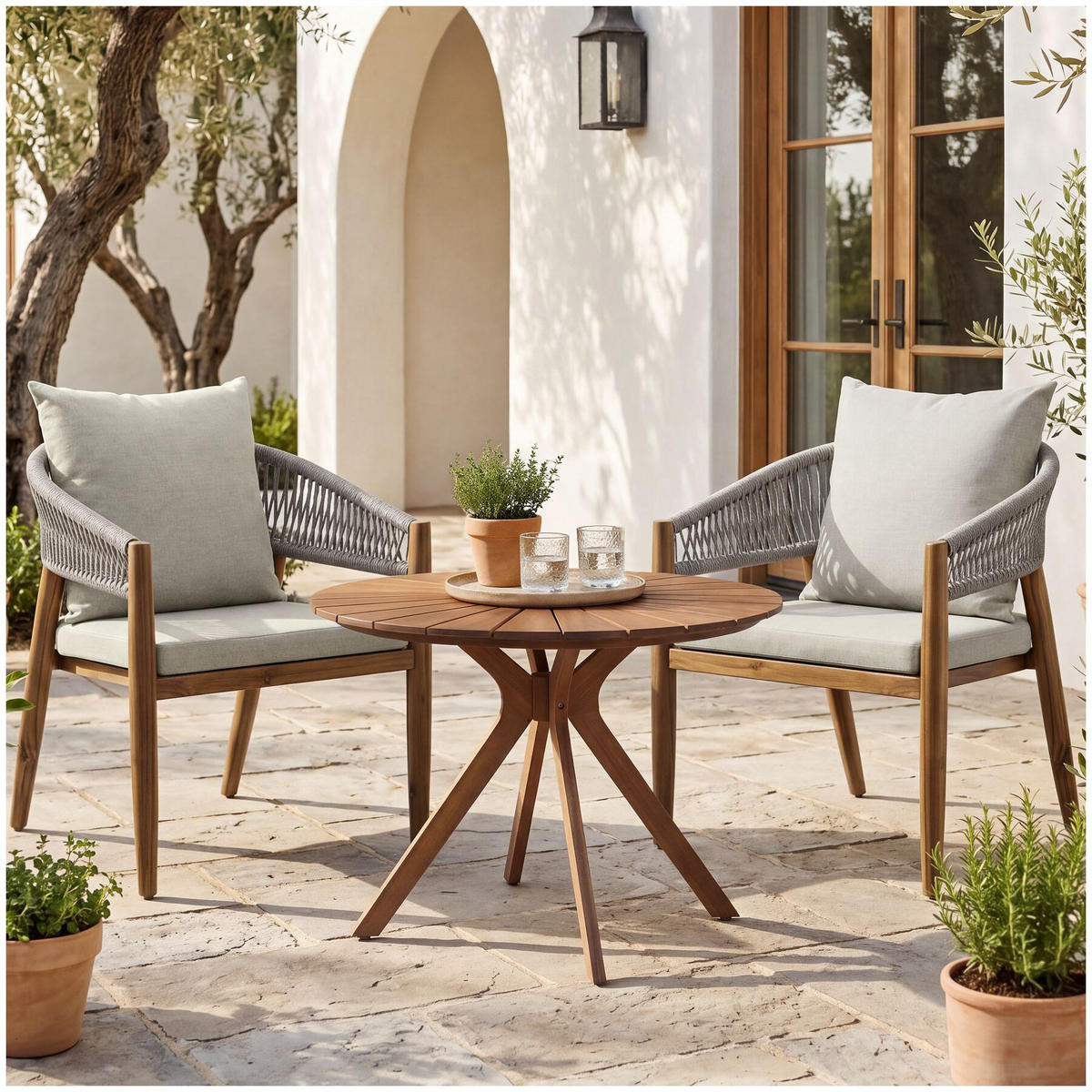 GARTENSET 3-teilig, höhenverstellbare Kunststofffüße, greige - Greige, Holz/Kunststoff - tectake