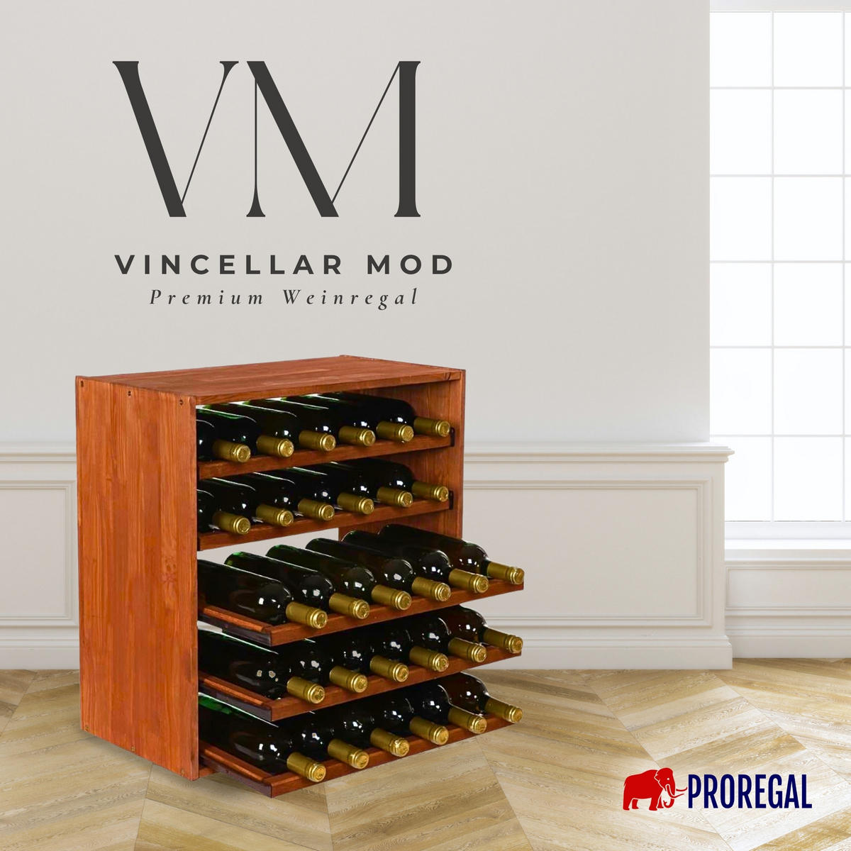 WEINREGAL Vincellar Mod 60x60x30 cm Auszug Modul Für 30 Flaschen mit Ausziehbaren Ebenen Massives Kiefernholz Braun Geölt - Braun, Holz (60/60/30cm) - PROREGAL