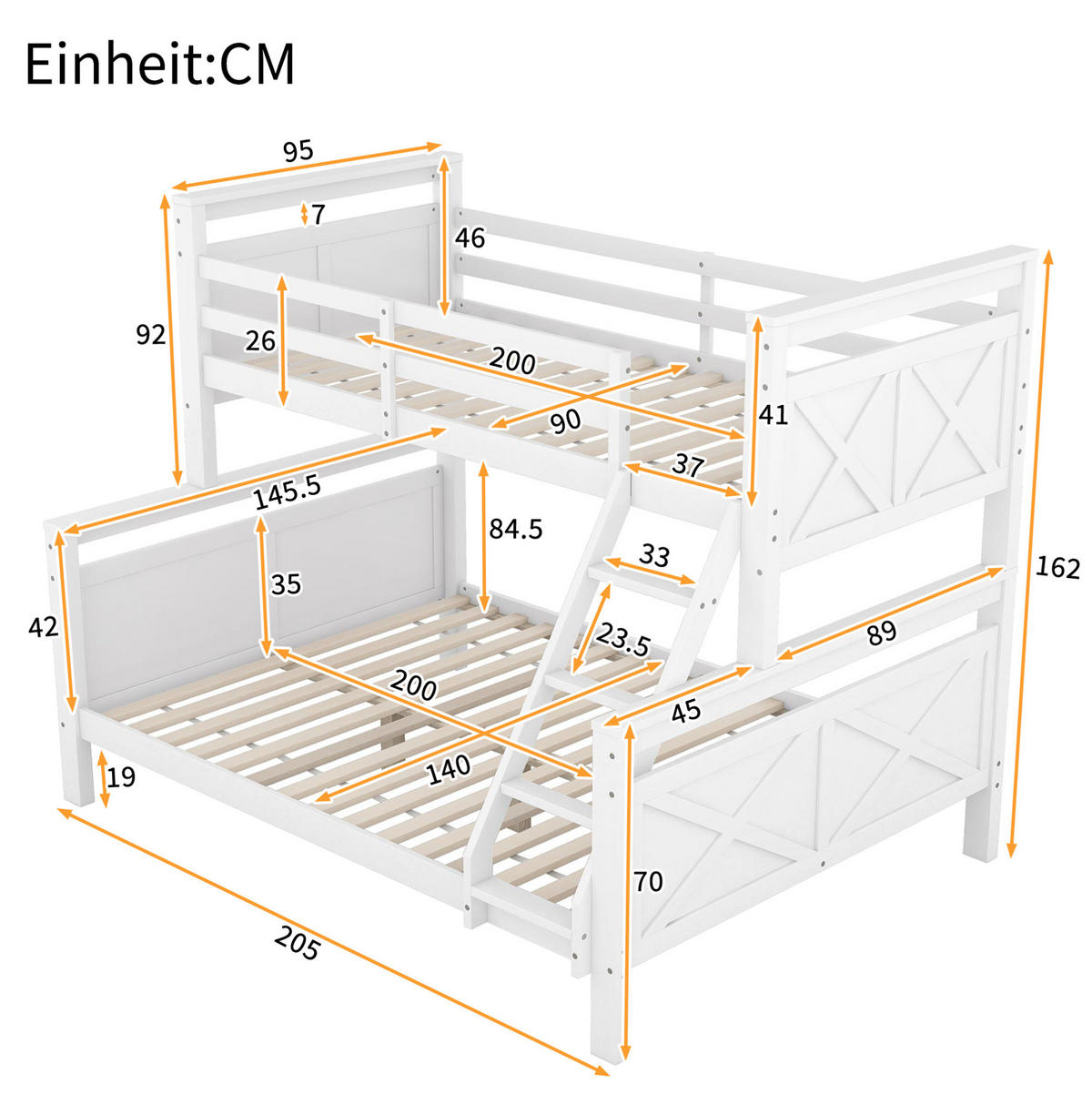 ETAGENBETT 90/140/200 cm, teilbar in 2 Betten mit Leiter und Sicherheitsgeländer aus Kiefern , Weiß - Weiß, Holzwerkstoff (140/200cm) - Redom
