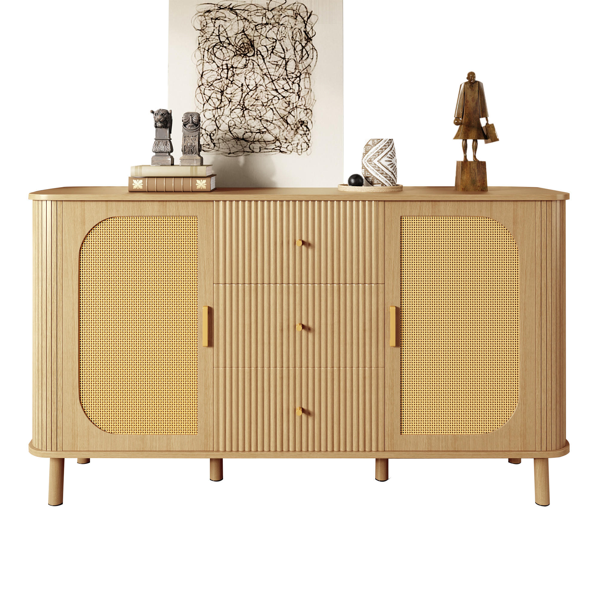 SIDEBOARD in Natur mit Rattan-Türen und gewellten Schubladen, MDF, Metallbeine mit Holzmaserung, 140/40/80 cm,Naturfarben - Naturfarben, Holzwerkstoff (140/80/40cm) - Redom