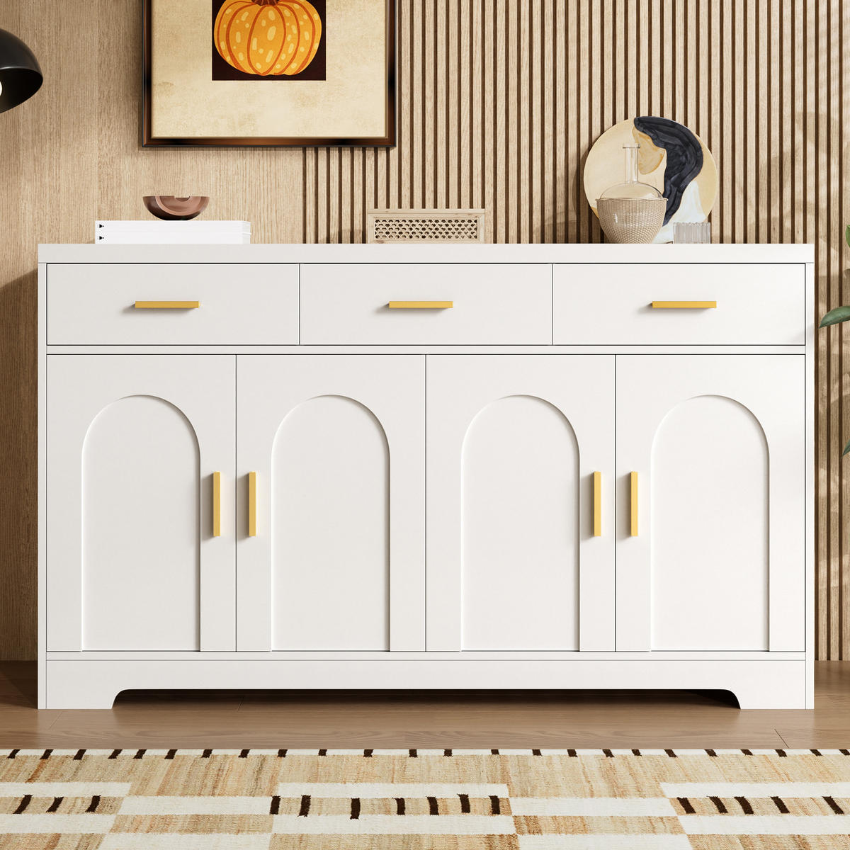 SIDEBOARD Weiß 4 Türen 3 Schubladen Gold Griffe MDF - Weiß, Holzwerkstoff (140/83/40cm) - FLIEKS