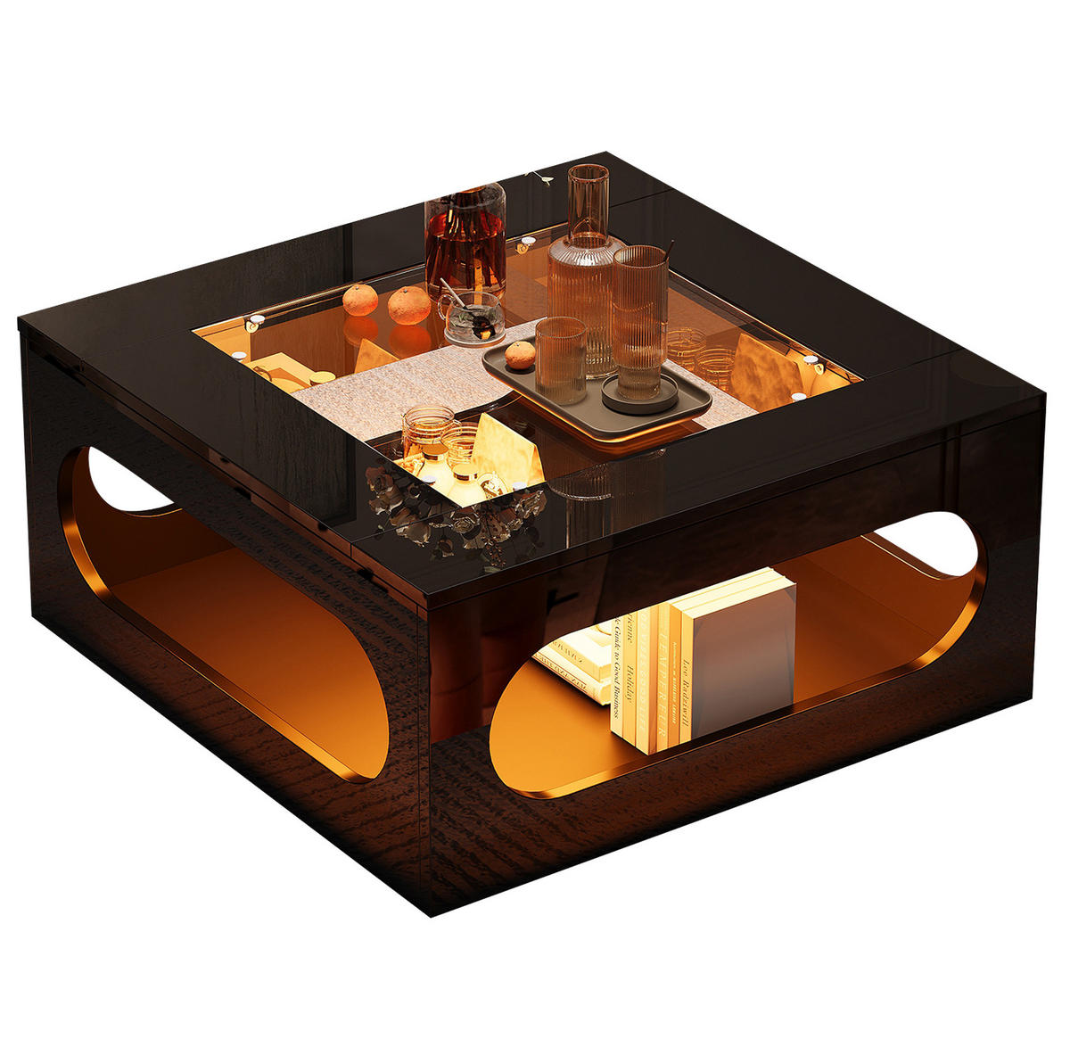 COUCHTISCH 70/70 cm mit LED-Beleuchtung und Ablagefach, Glasplatte, Schwarz - Schwarz, Holzwerkstoff (70/70/35cm) - BEAOK