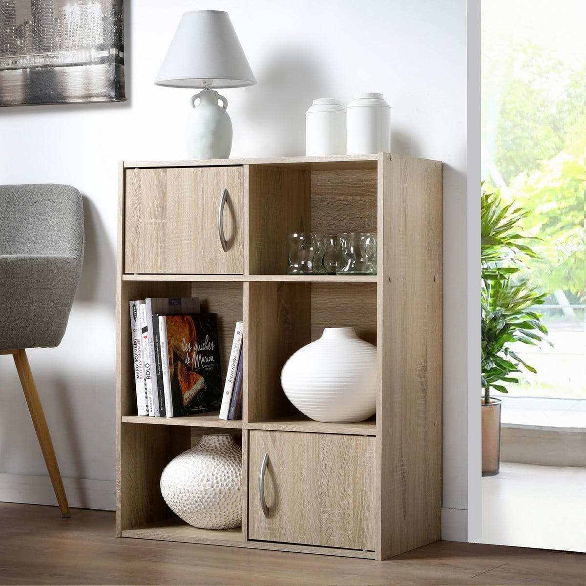 AUFBEWAHRUNGSREGAL 6 Fächer mit 2 Türen - L61,5 cm - Eschefarben, Holzwerkstoff (29.5/80/32.6cm) - Calicosy