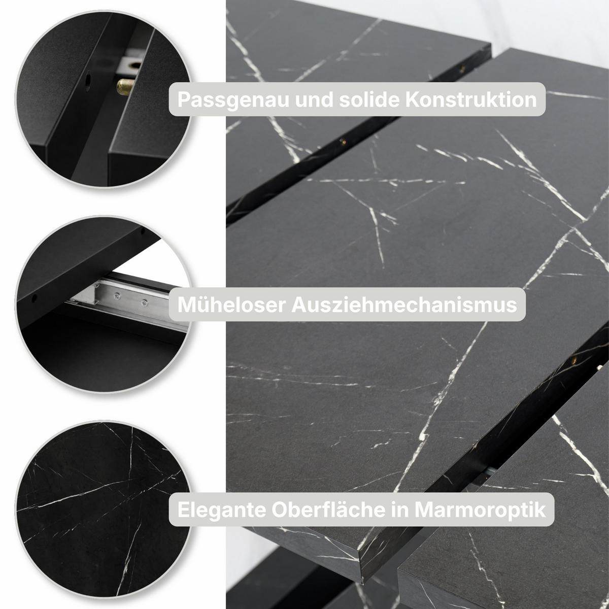 ESSTISCH Ausziehbar von 120 bis 160 cm in Schwarzen Marmor-Optik - Schwarz Hochglanz, Holzwerkstoff (80/160/75cm) - Home Collective