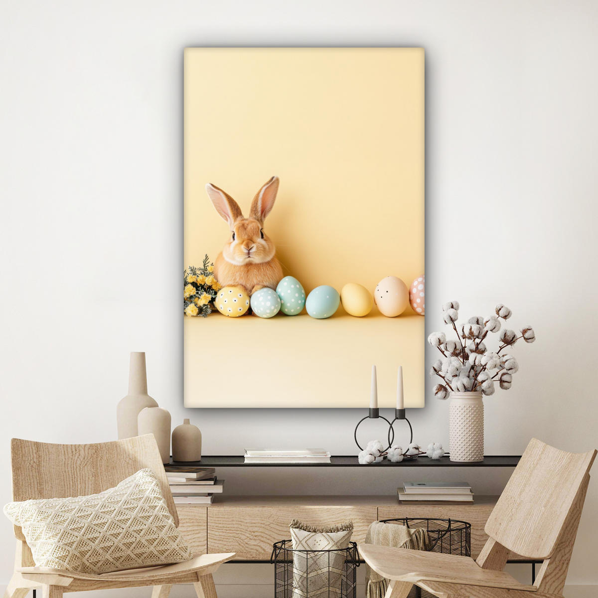 LEINWANDBILD Eier - Kaninchen - Pastellfarbtöne Deko Groß 90x140 cm - Hellgelb, Textil (90/140cm) - MuchoWow