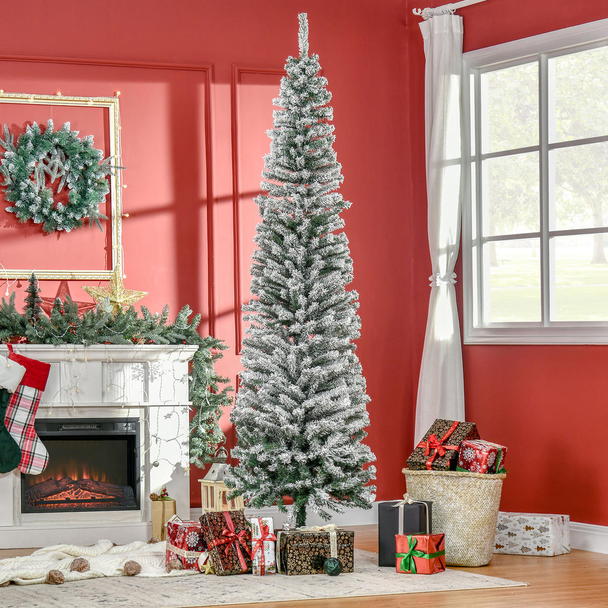 WEIHNACHTSBAUM DE-41545 Bleistift-Kiefernbaum 225 cm, Schnee - Grün, Kunststoff (225cm) - ComfortXL