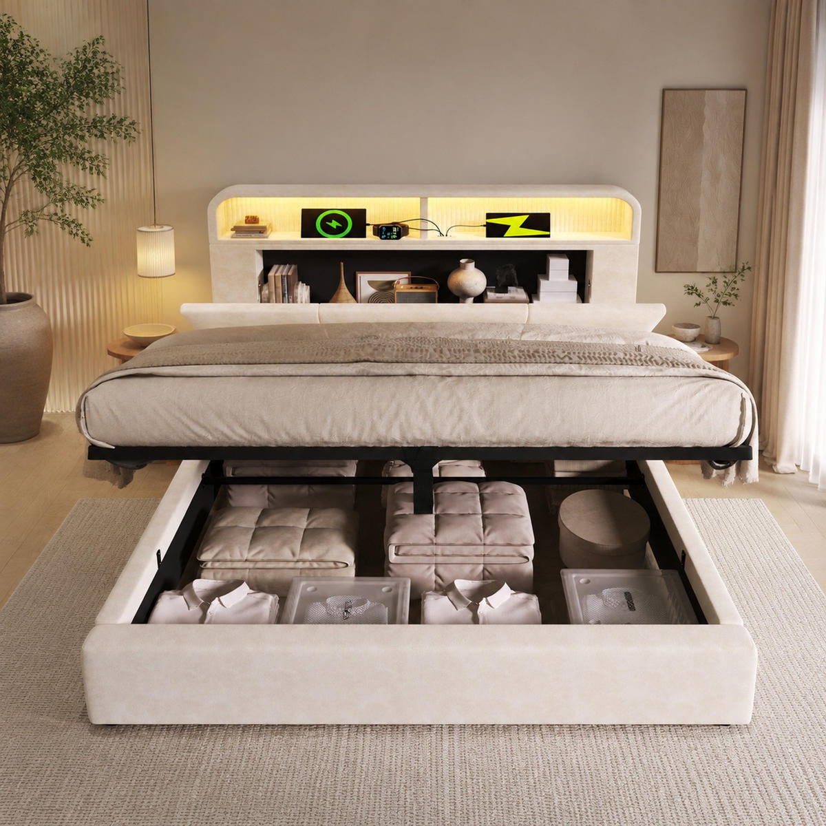 POLSTERBETT 140/200 mit Bettkasten, LED und USB in Beige - Beige, Holzwerkstoff/Textil (140/200cm) - EVRYAE