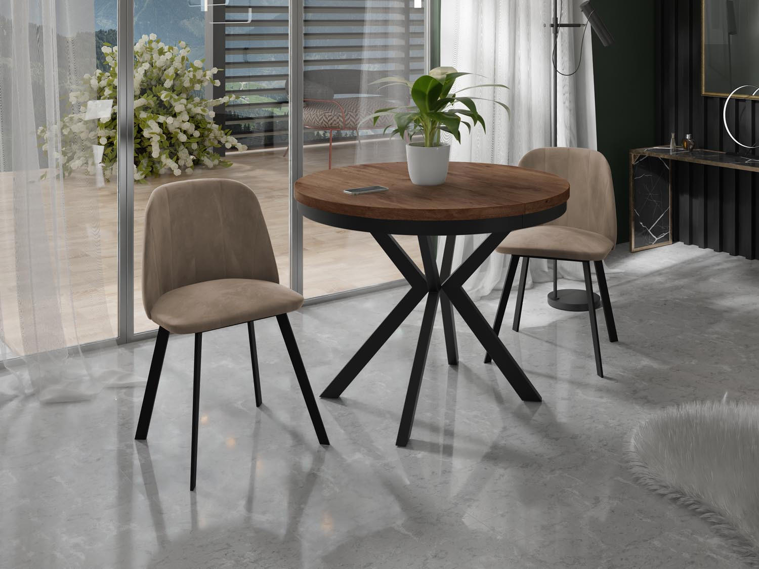 ESSTISCH Ross runder ausziehbarer, Lefkas Eiche 90-170/90/76 cm - Alteiche/Schwarz, Holzwerkstoff/Metall (90/90/76cm) - WFL GROUP