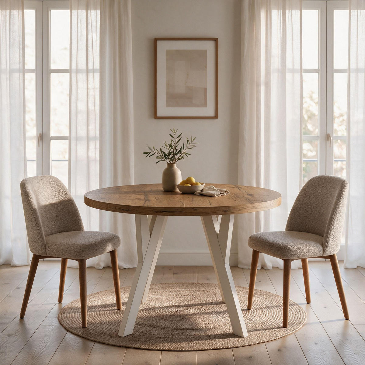 ESSTISCH ausziehbar rund ATO, 100-200 cm, Dekor Lancelot, weiße Holzbeine - Weiß/Braun, Holzwerkstoff/Buchenholz (100/100/77cm) - VENASI MÖBEL