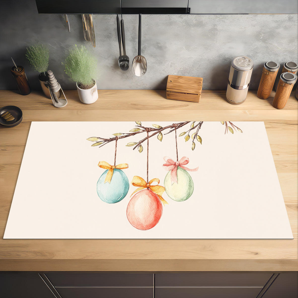 HERDABDECKPLATTE Osterkuchen - Schleife - Eier Induktionsschutz 91.6x52.7 cm - Creme, Kunststoff (91.6/52.7/0.2cm) - MuchoWow