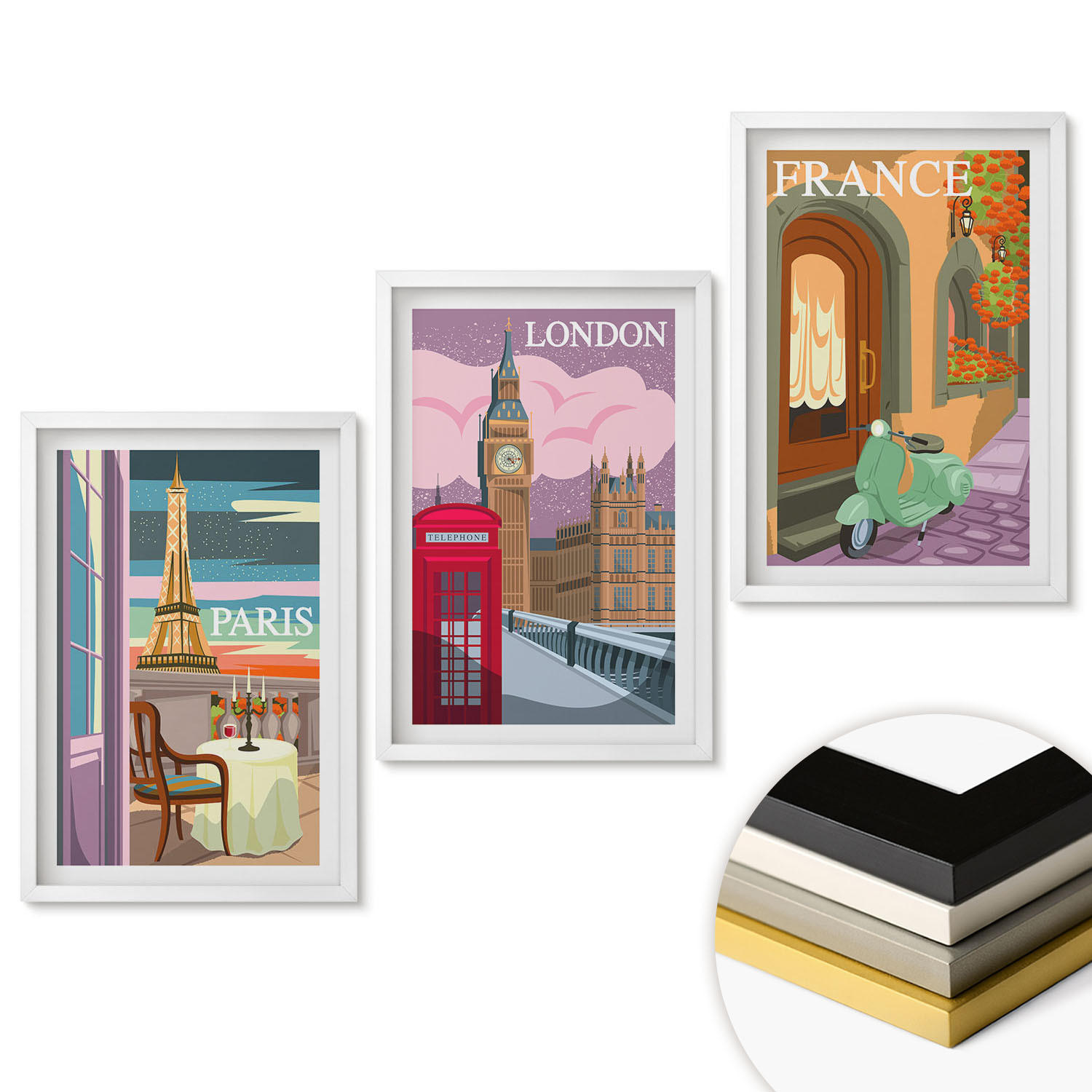 WANDBILDER 3er-Set - 40x60 cm Weißer Rahmen - Ansichten Paris London Retro - Weiß, Kunststoff (40/60cm) - ArtPrintCave