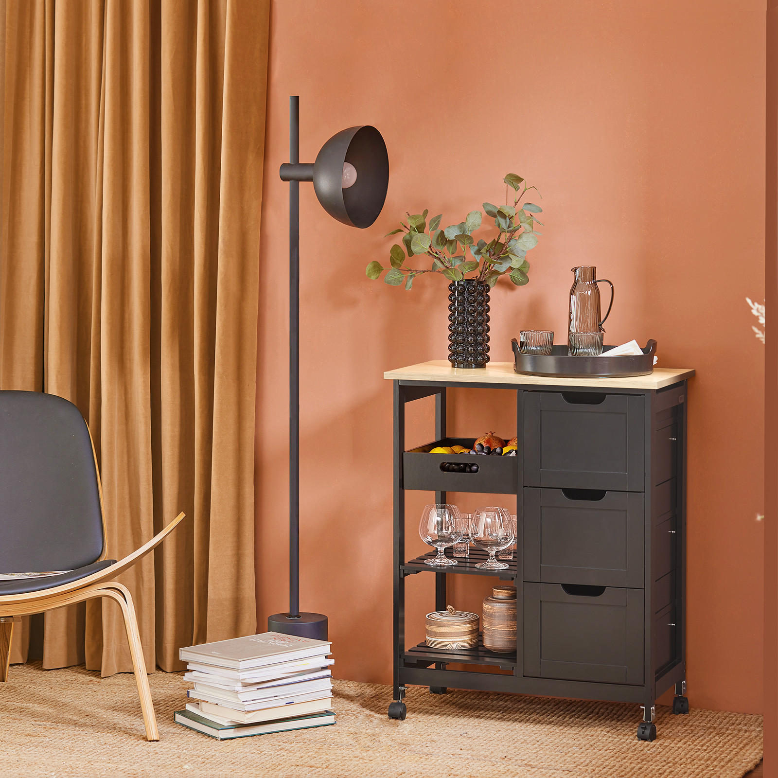 SERVIERWAGEN mit Rollen, Schwarz, 68x85x38cm, bis 50kg - Schwarz, Holz/Holzwerkstoff (68/85/38cm) - SoBuy