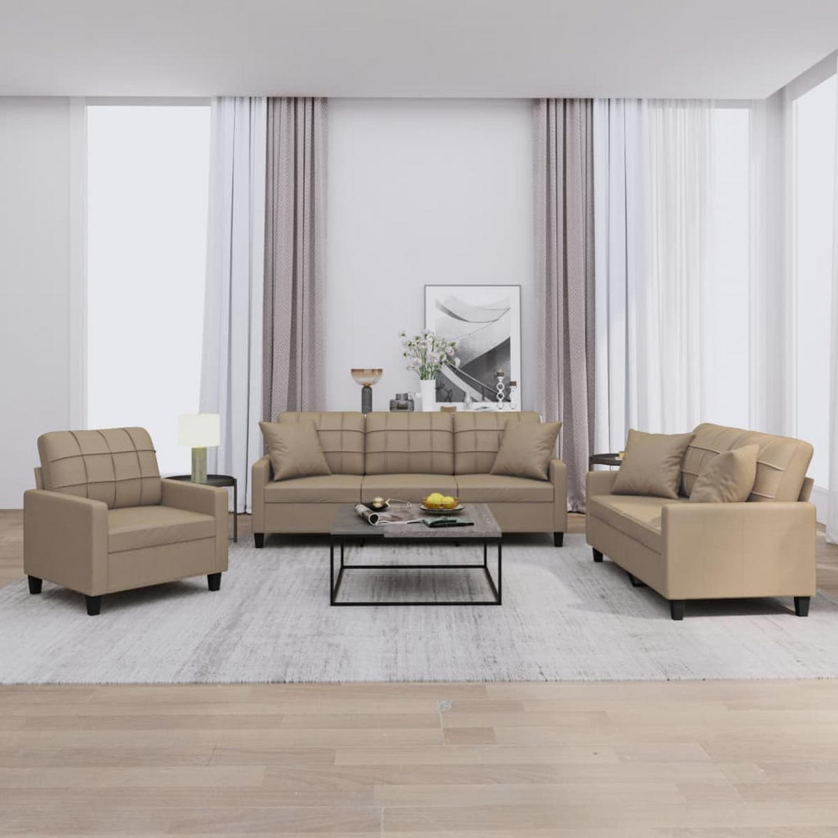 SOFAGARNITUR 3-TLG. Mit Kissen Cappuccino-Braun Kunstleder - Braun, Leder (77/80/78cm) - vidaXL