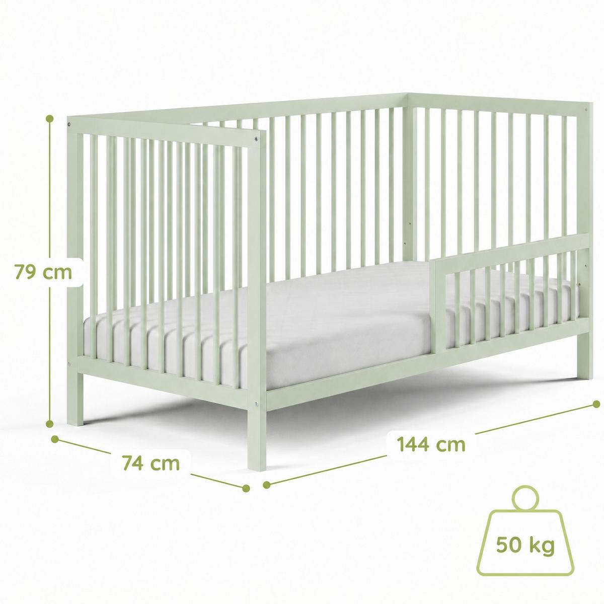 BABYPOSTÝLKA s poloviční boční zábranou 70x140 cm v zelené barvě - zelená barva, dřevo (70/140cm) - Kids Collective