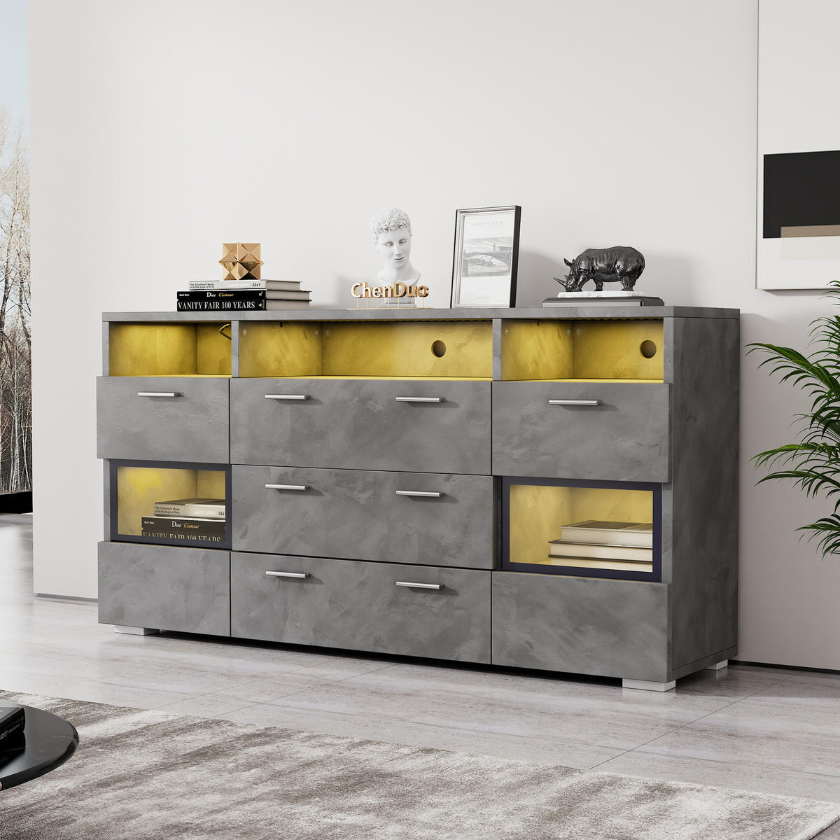 SIDEBOARD in Grau mit LED und transparenten Acryltüren, 2 Türen und 3 Schubladen, 140/33,5/72,5 cm，Grau - Grau, Holzwerkstoff (140/72.5/33.5cm) - Redom