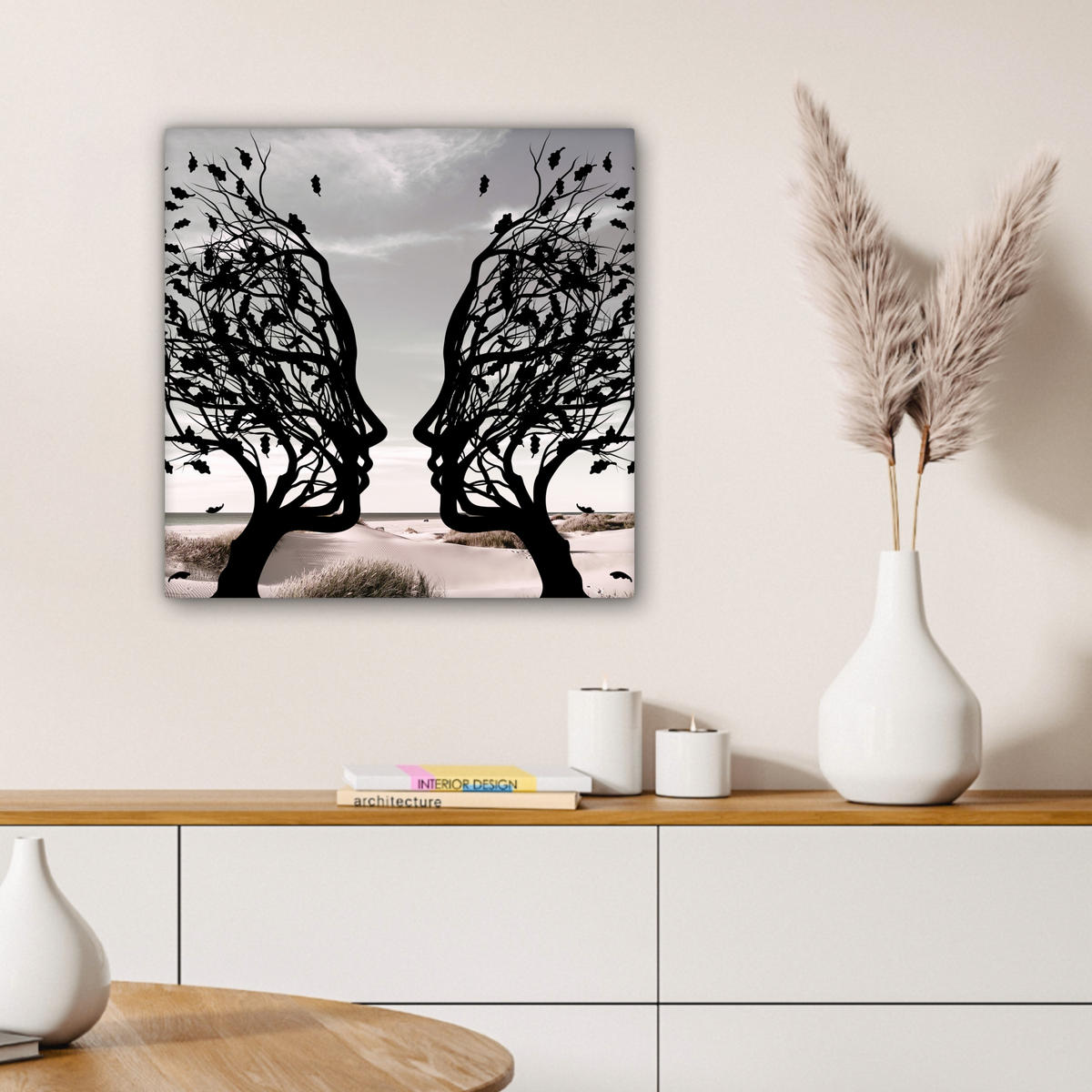 LEINWANDBILD Strand - Meer - Menschen - Baum - Moderne Kunst 50x50 cm - Hellgrau, Textil (50/50cm) - MuchoWow