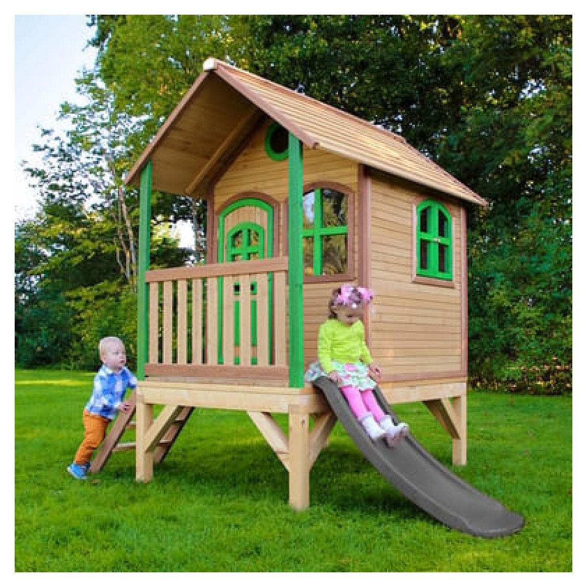 SPIELHAUS Tom braun-grünes mit grauer Rutsche - Braun, Holz (287/231/191cm) - Axi House