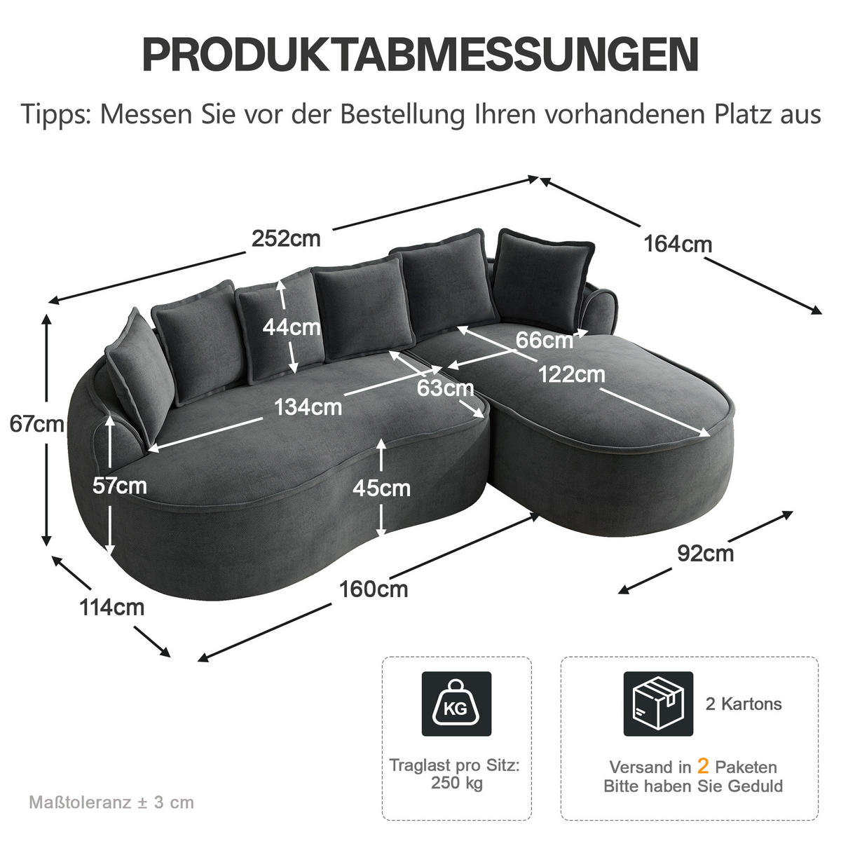 ECKSOFA DE-34260 modular mit und Kissen Grau - Grau, Textil (164/252cm) - ComfortXL