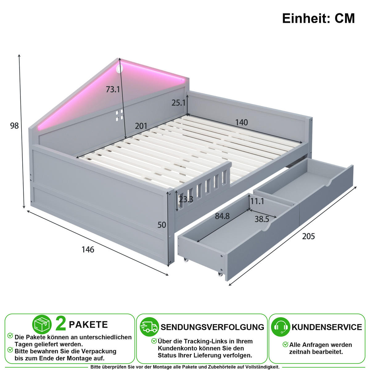 RAHMENBETT 140/200 cm in Grau mit Schubladen und LED - Grau, Holz/Holzwerkstoff (140/200cm) - CHICFURN
