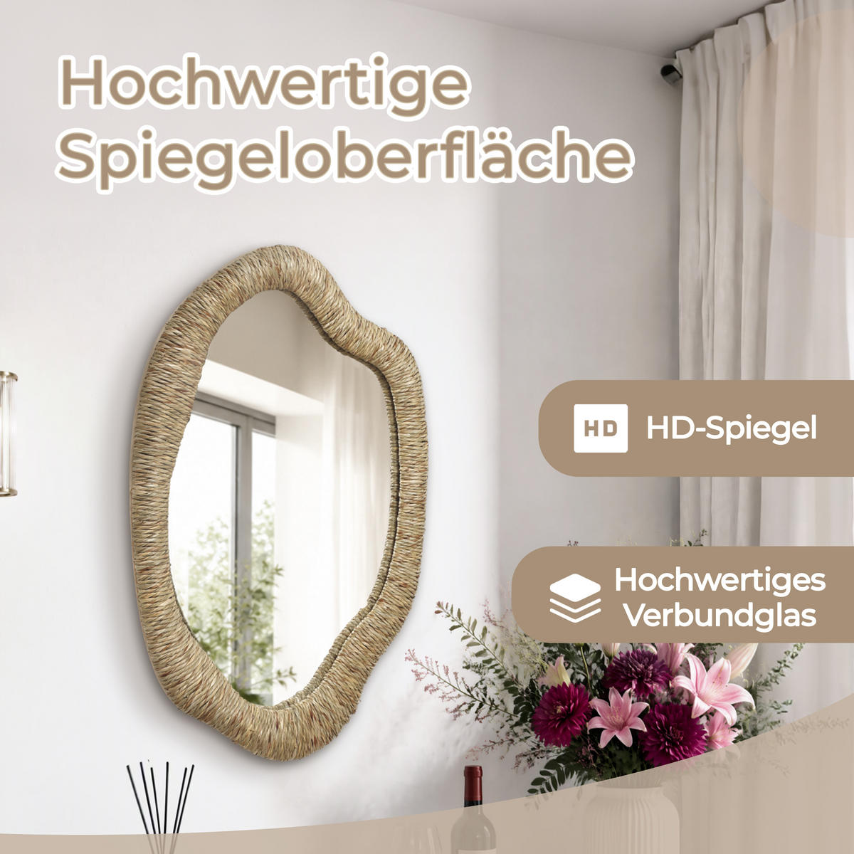 50CM Wandspiegel HTA0407 - Dunkelgelb, Naturmaterialien (3.5/75/50cm) - Hometopia