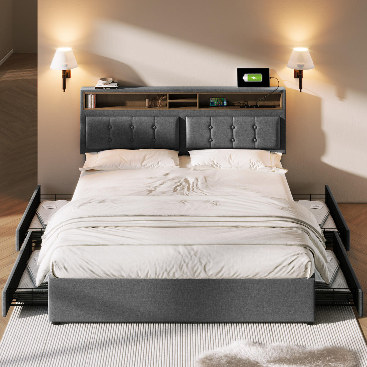 ČALÚNENÁ posteľ z ľanovej tkaniny 160x200 cm sivá s nastaviteľným čelom, USB-C a úložným priestorom - sivá, textil (160/200cm) - Modfu