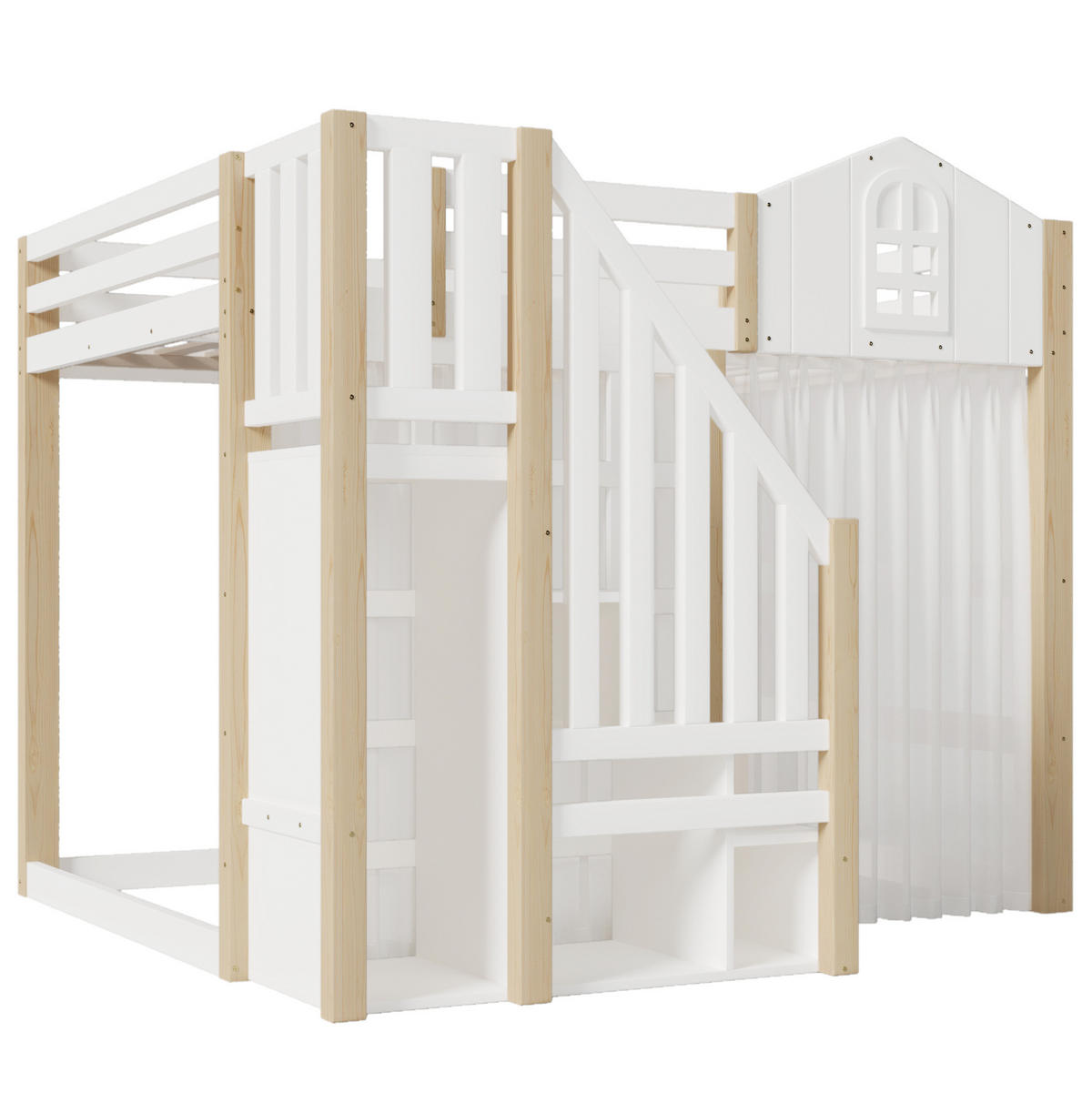 HOCHBETT 140/200 cm mit LED-Beleuchtung, Ablageleiter und Schlossdesign aus Kiefernholz, Weiß/Natur - Weiß, Holzwerkstoff (140/200cm) - Redom