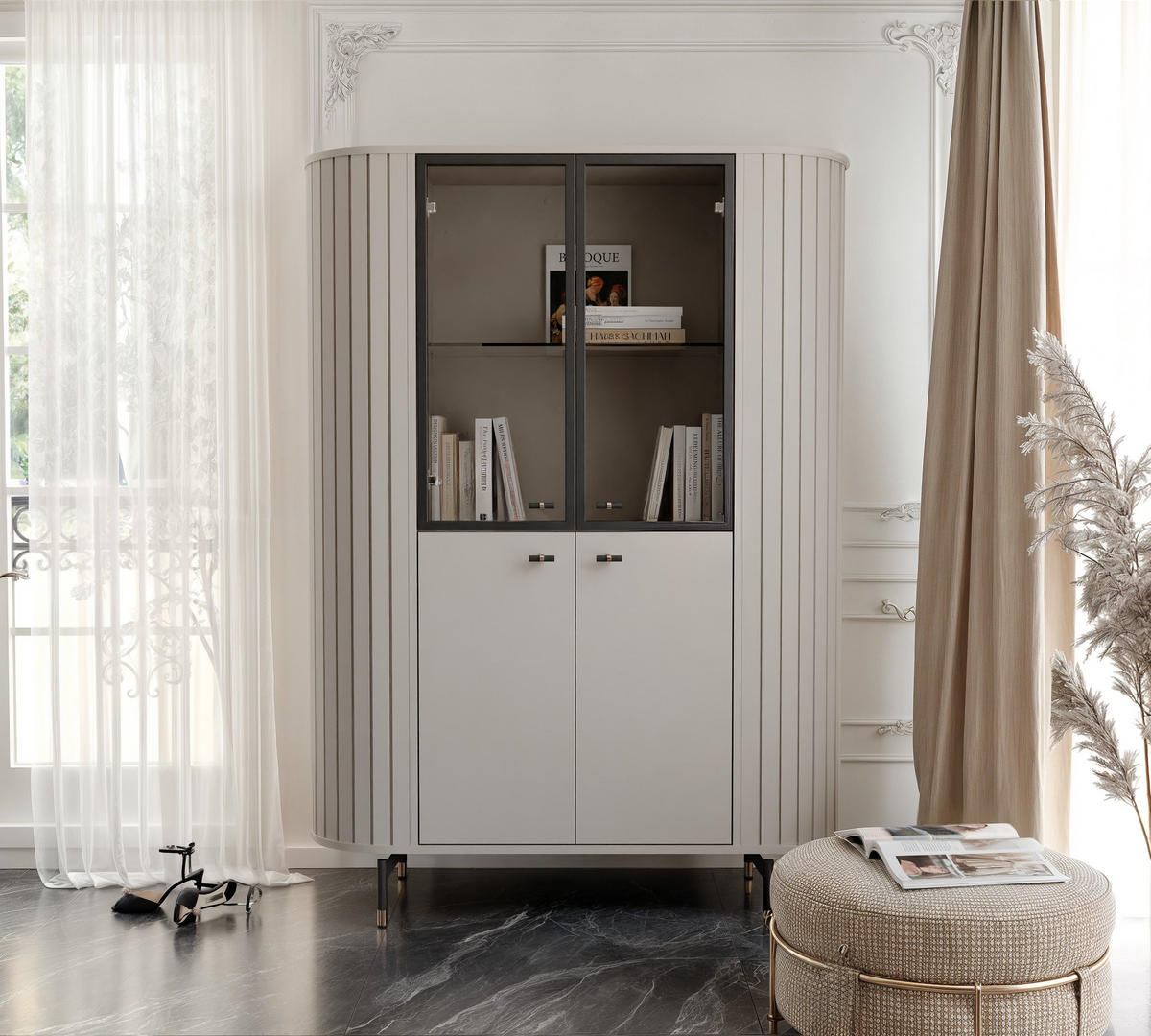 GLASVITRINE geriffelt aus MDF, Kaschmir mit LED-Beleuchtung - Kaschmir, Holzwerkstoff (112/155/40cm) - Idohome