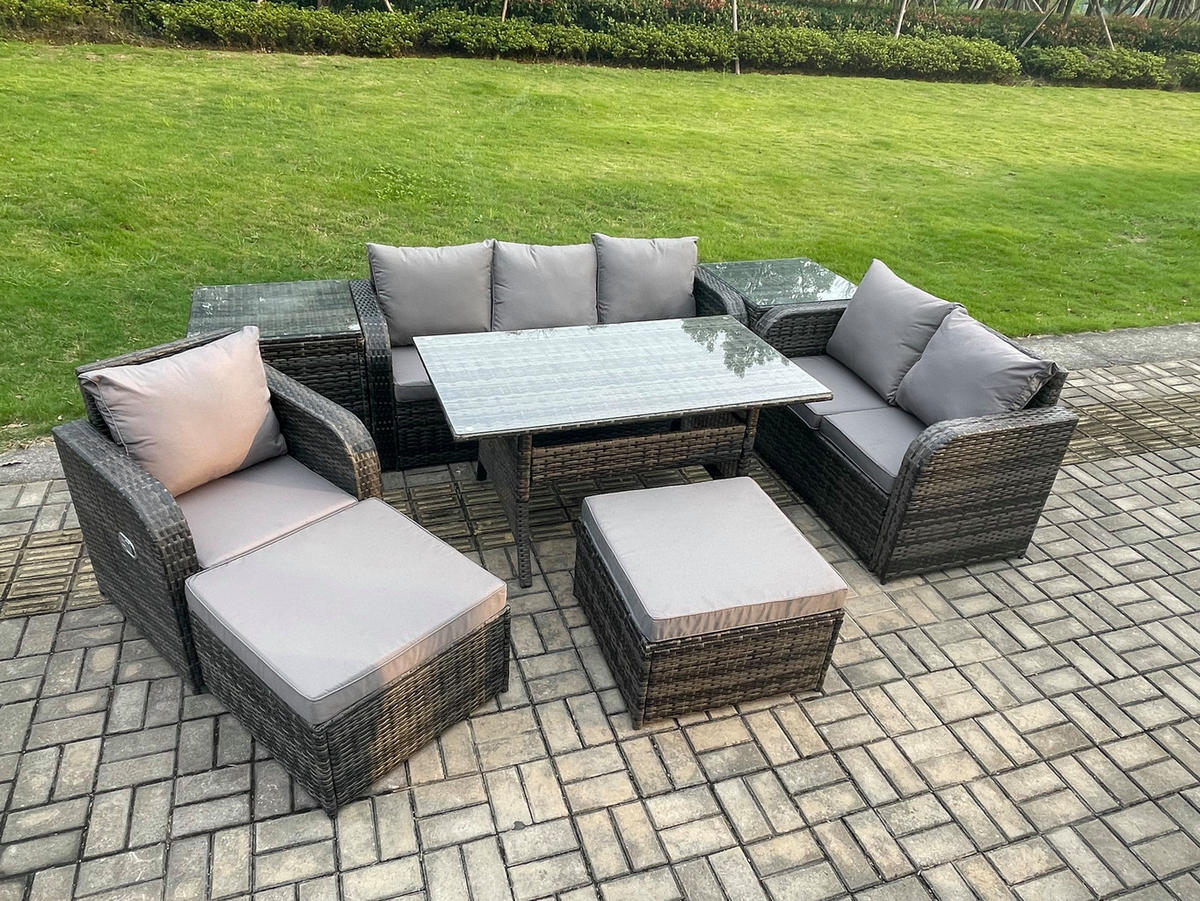 GARTENTISCHGRUPPE mit Liegestuhl,2 Hocker,2 Beistelltischen Polyrattan 8-Sitzer - Dunkelgrau/Grau, Glas/Kunststoff - Fimous