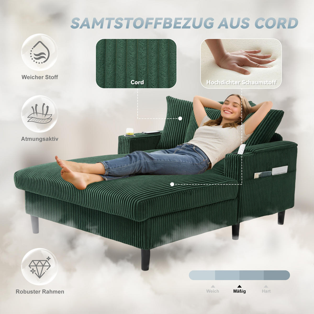 CHAISELONGUE Cord Smaragdgrün mit LED, Stauraum, USB und Becherhaltern - Smaragdgrün, Kunststoff/Textil (129/70/170cm) - WISHDOR