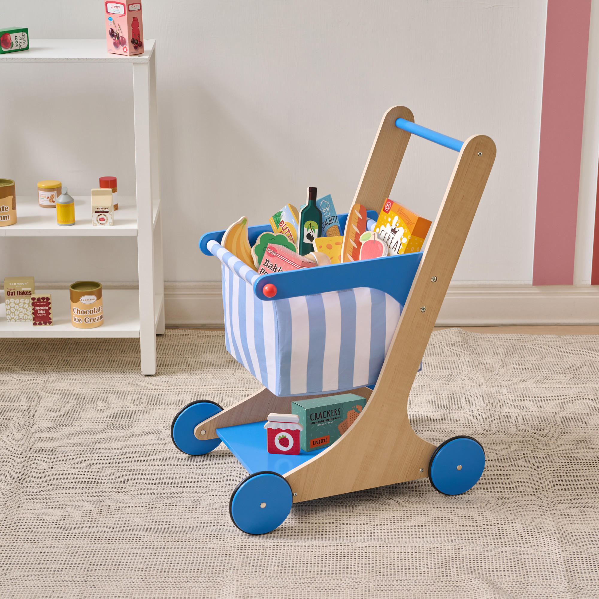 HOLZ Einkaufswagen, Blau, 60cm - Blau, Holzwerkstoff (32/60/45cm) - Teamson Kids