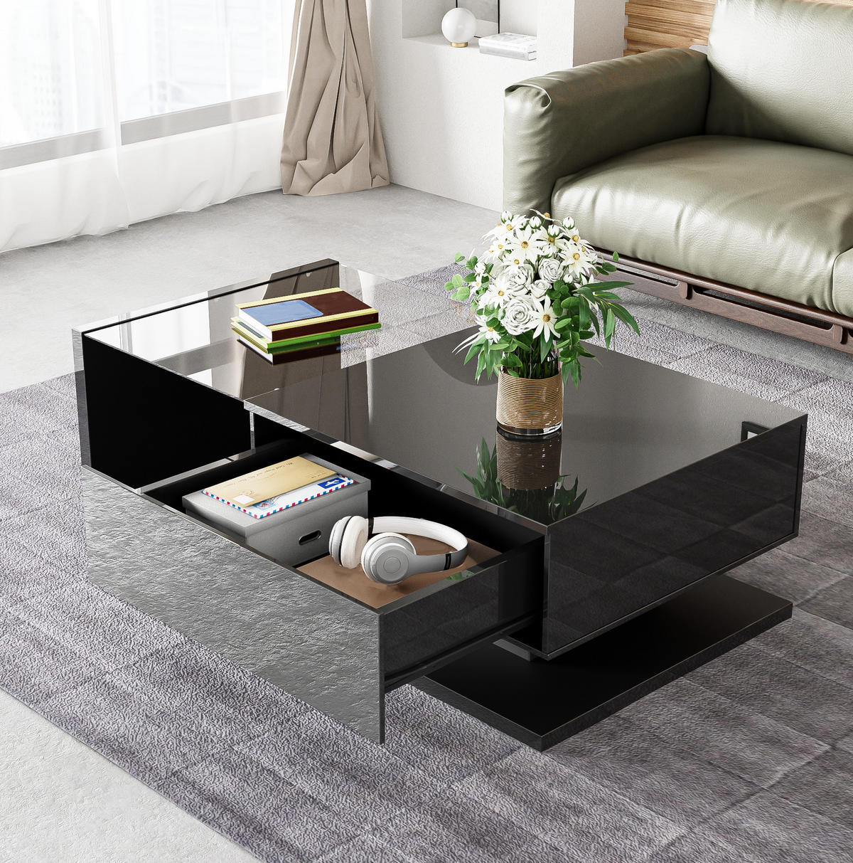 COUCHTISCH 105/55 cm in Schwarz Hochglanz mit Glasplatte und LED-Beleuchtung - Schwarz, Holzwerkstoff (105/55/32.5cm) - Flora Grace