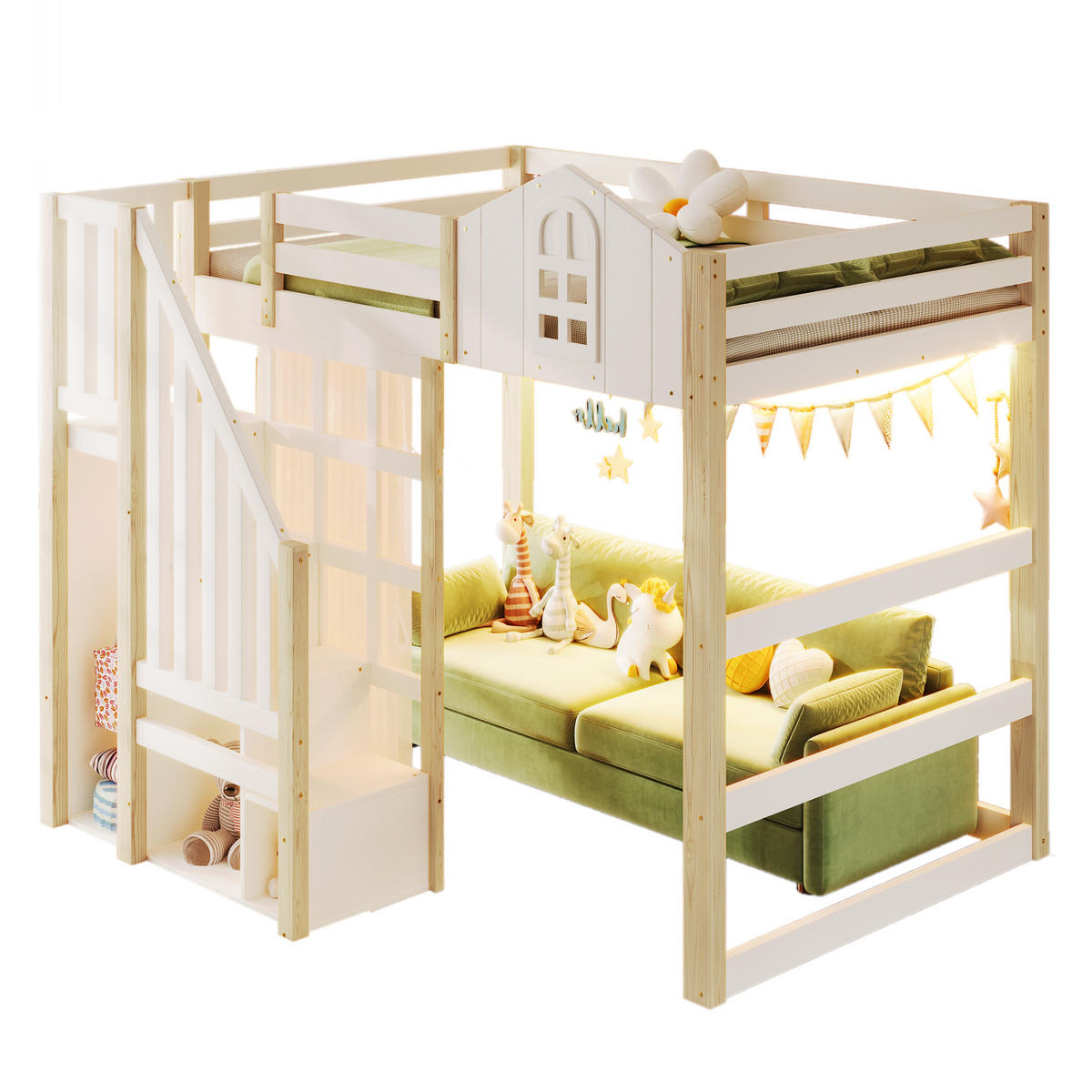 HOCHBETT 140x200cm Weiß + Natur LED-Licht Fensterform Ablageleiter - Multicolor, Holz (140/200cm) - FLIEKS