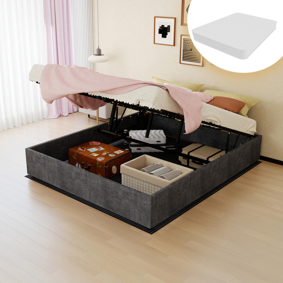BETT 160/200 cm DE-33004 mit Gaslift und Stauraum Grau - Grau, Metall (160/200cm) - ComfortXL