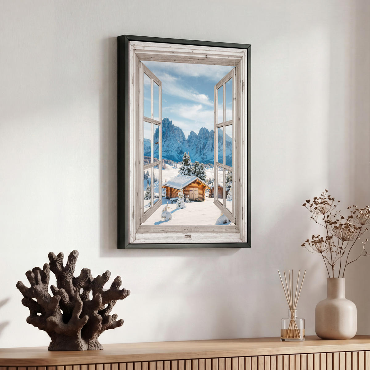 LEINWAND Bilder mit Rahmen - Winterlandschaft - Hütte - Berge - Ausblicke - Aussicht - Natur - 30x40 - Weiß Hochglanz, Textil (30/40cm) - MuchoWow