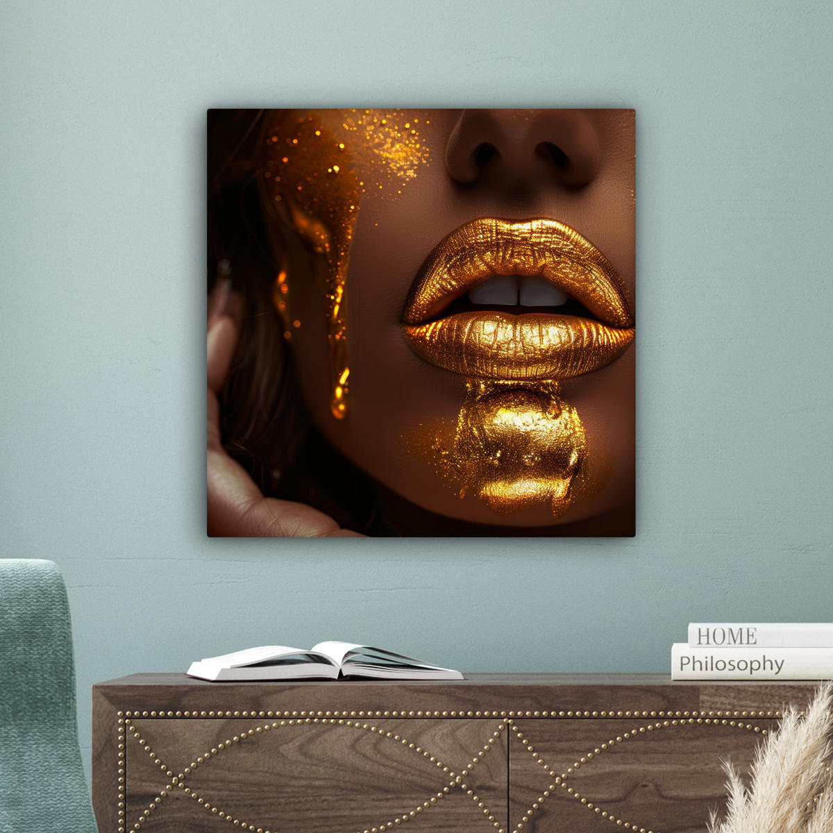 LEINWANDBILD Frau - Gold - Luxus - Porträt Wandbild Wohnzimmer 50x50 cm - Goldfarben, Textil (50/50cm) - MuchoWow