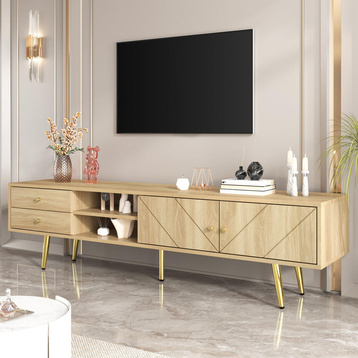 TV-SCHRANK 160cm mit goldenen Füßen 2 Schubladen einzigartige Türen - Braun, Holz (47.5/12/177.5cm) - FLIEKS